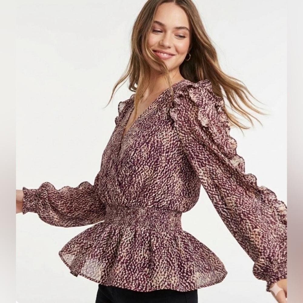 EXPRESS Women's Size L Smocked Blouse Burgundy Ruffle V-Neck - Picture 11 of 11